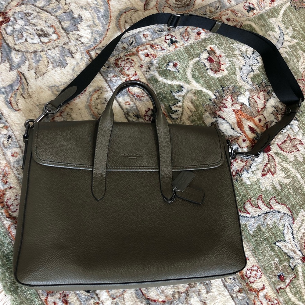 EUC Coach Green Briefcase with Adjustable Strap and Flap Closure